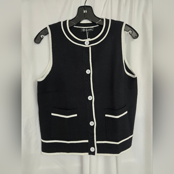 PrettyGarden Black with White Trim Sweater Vest Button Up Front Size S - Picture 1 of 10